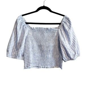 City Chic Blue White Gingham Smocked Puff Sleeve Cropped Shirt Size 12